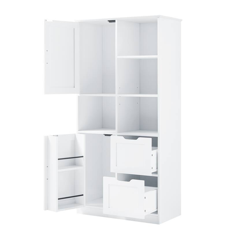 Freestanding Style Versatile White Storage Cabinets with 2 Drawers, 2 Cabinets, 4 Open Shelves and Adjustable Shelf