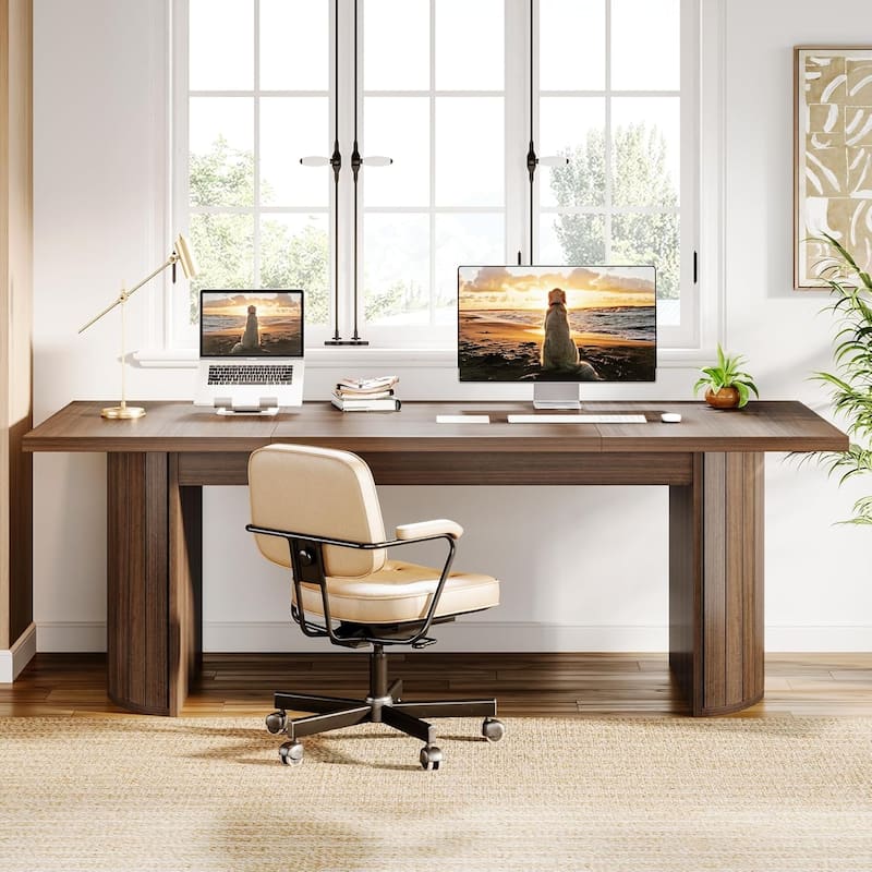 Brown Wood 78.7 Inches Long Computer Desk Large Executive Desk