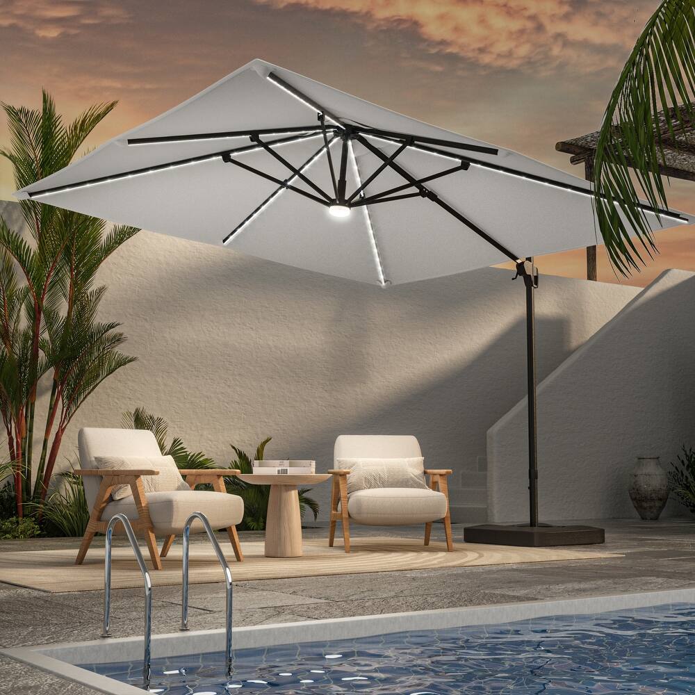 LIVOOSUN Patio10x10FT LED Aluminum Cantilever Umbrella Solution-Dyed Fabric w/Base