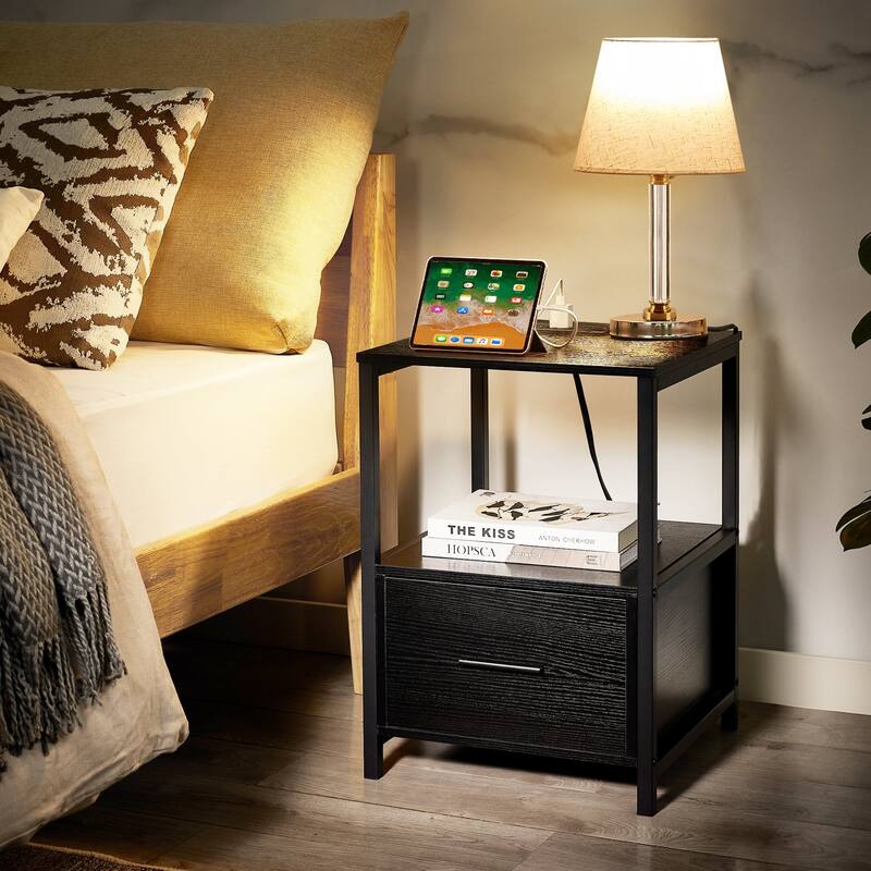 Javlergo Nightstand with Charging Station and Drawers End Side Tables with Open Storage Shelf for Bedroom Living Room