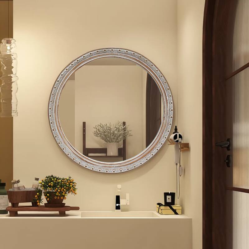 Ornate Round Wall Mirror - Ancient White
