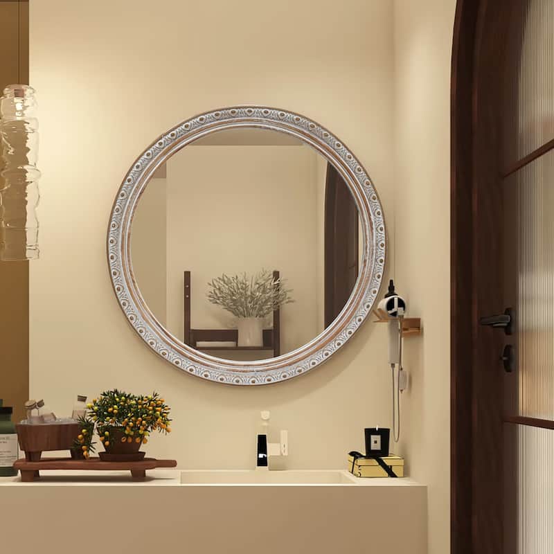 Round Wall Mirror (23.62" x 23.62") - Distressed Silver-Gold Carved Frame, Decorative Hanging Mirror for Bathroom, Bedroom