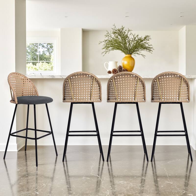 29" Upholstered Swivel Bar Stools with Rattan Back
