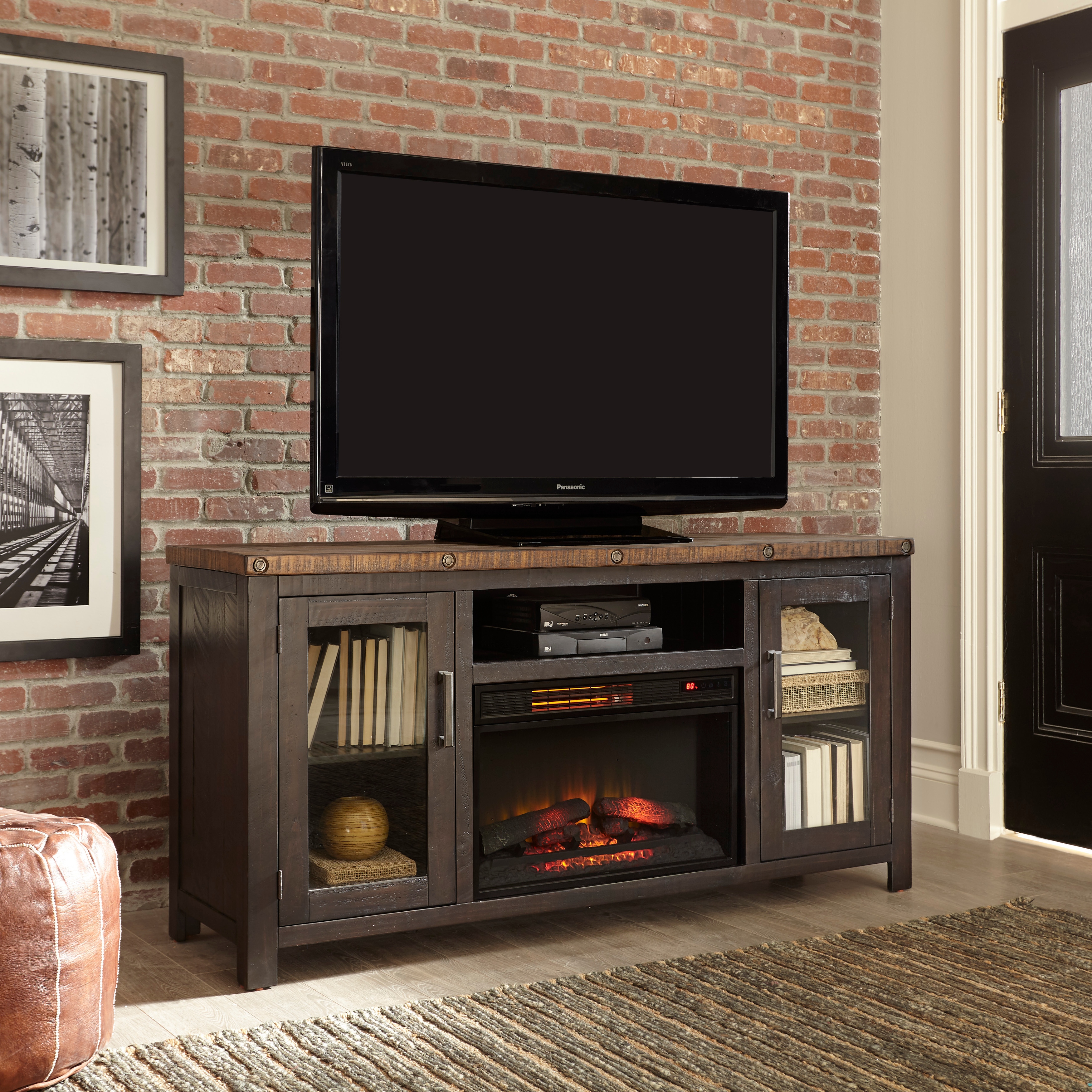 Industrial tv deals stand with fireplace
