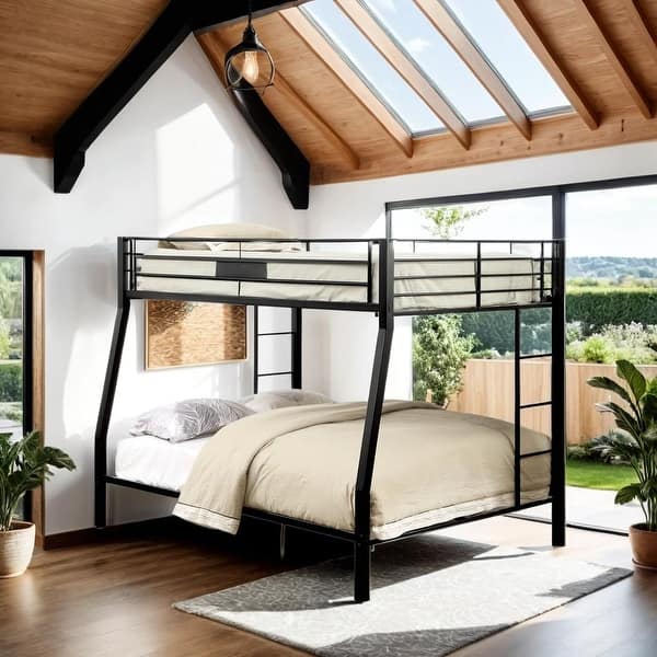 slide 2 of 7, Stylish Full XL over Queen Bunk Bed with Sturdy Metal Frame, Slat System, Full-Length Guardrail, and Double Ladder, Black Black