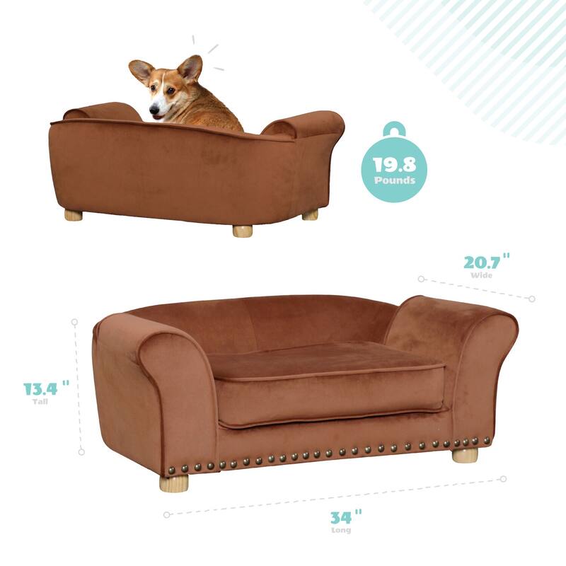 Critter Sitters 34-in. Faux Velvet Pet Bed Sofa for Medium-Sized Dogs and Cats in Brown
