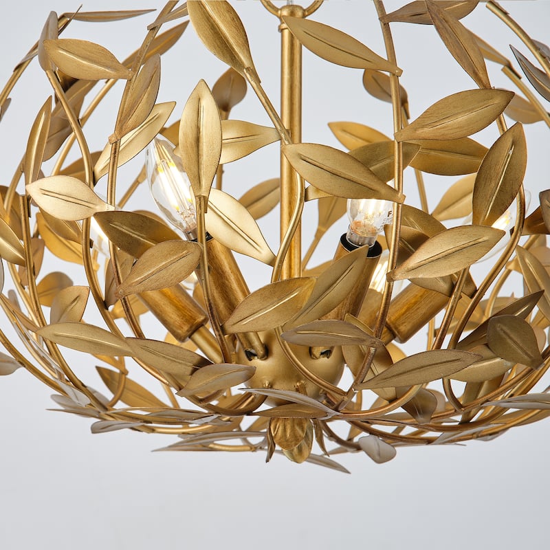 Antique Gold Olive Leaf Spherical Hollow Shade 6-Light Chandelier - 19.7"Wx15.4"H
