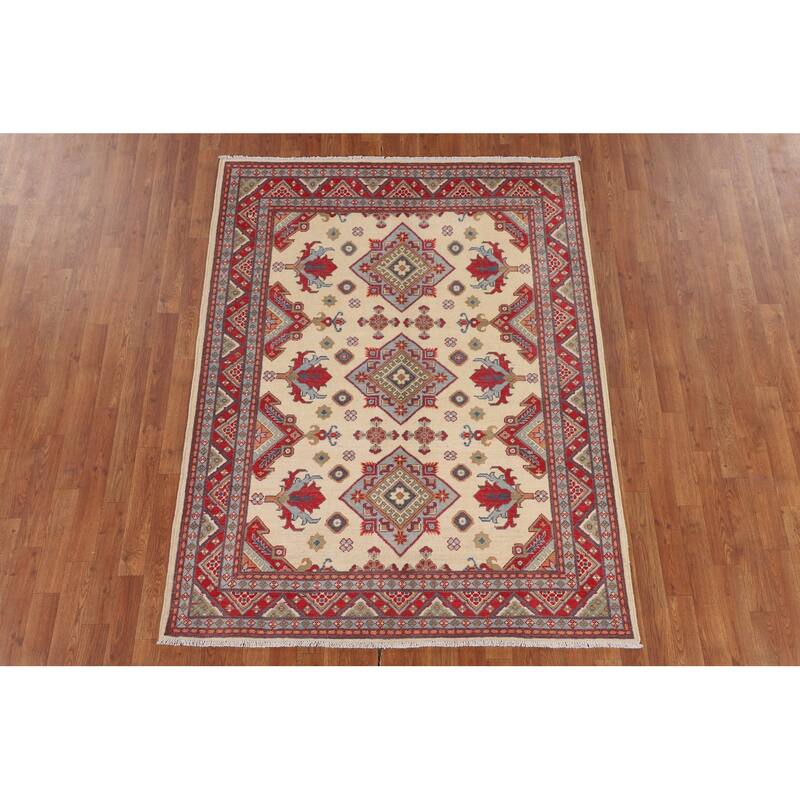 Ivory Kazak Oriental Area Rug Hand-Knotted Traditional Wool Carpet - 4'11" x 6'6"