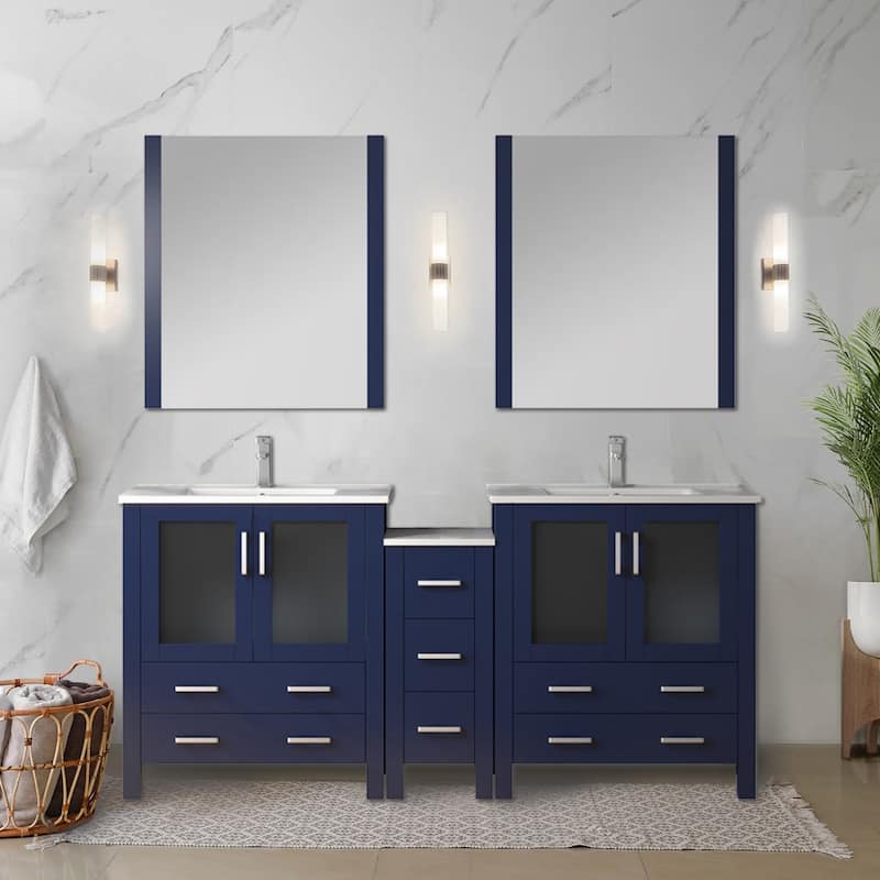 Volez Double Bath Vanity with Side Cabinets, White Ceramic Top and Mirrors