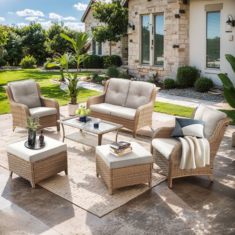 Pocassy 6 Pieces Outdoor 2-Seat Sofa Chairs Table Ottoman - Yelllow Wicker - Beige cushion