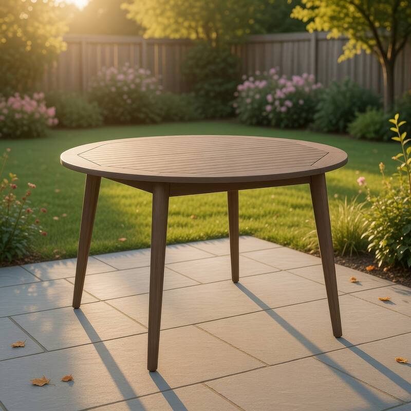 Ambre Patio Dining Table, Round Slatted Oak Brown Acacia Wood 47 Inch