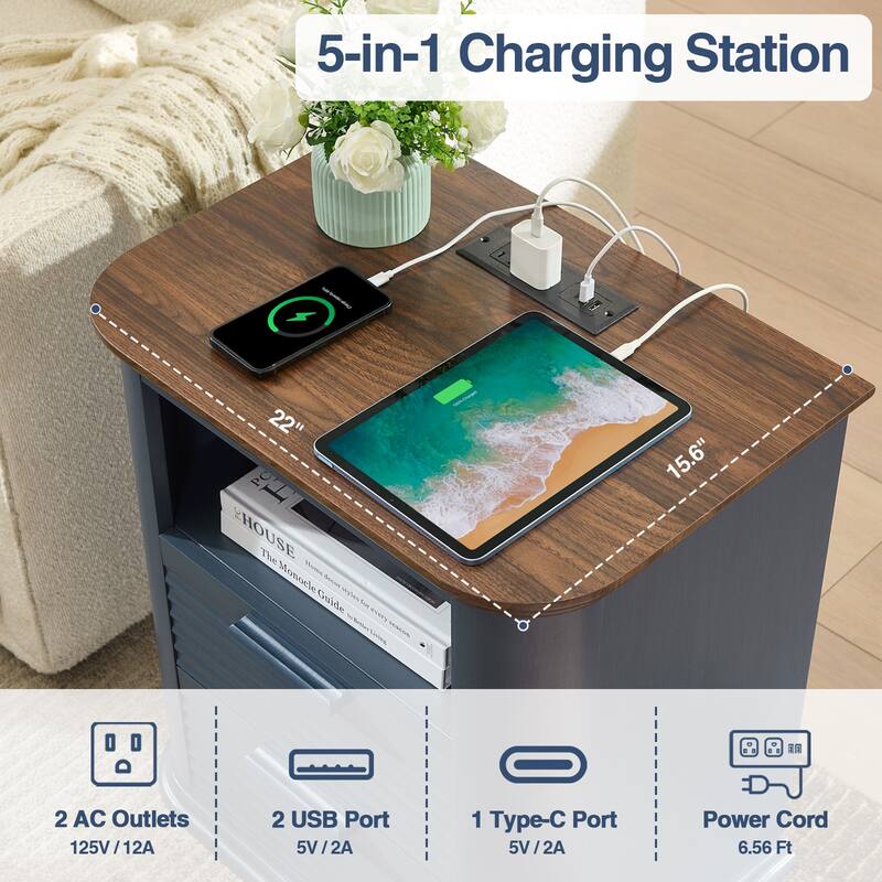 22" Fluted Night Stand with Charging Station, End Table with 2 Drawers & Open Storage, Side Tables Curved Profile Design