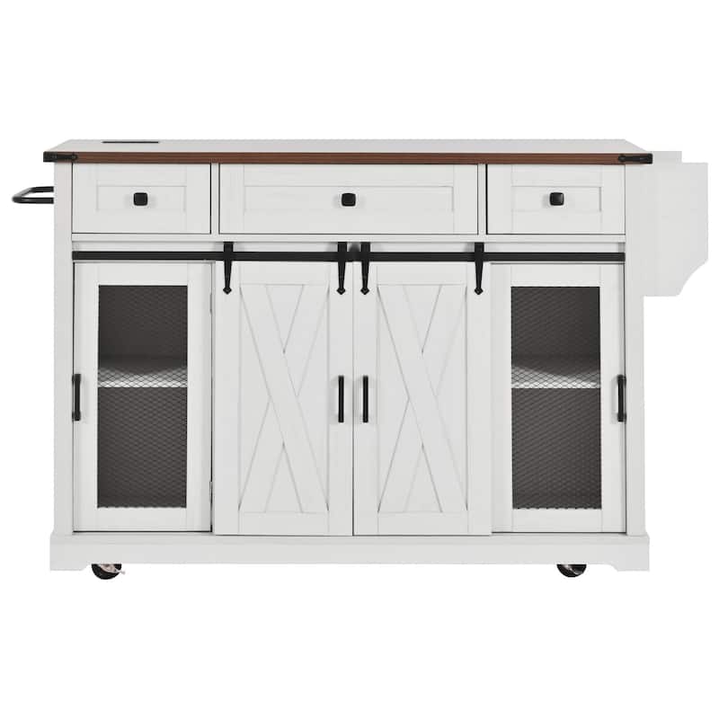 58" Farmhouse Kitchen Island with Sliding Barn Door, Drop Leaf & Storage, Mobile on 5 Wheels