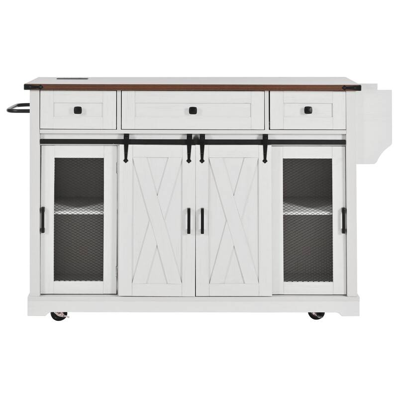 58" Farmhouse Kitchen Island with Storage, Sliding Barn Door & Metal Grid Side Door, Rolling Kitchen Island