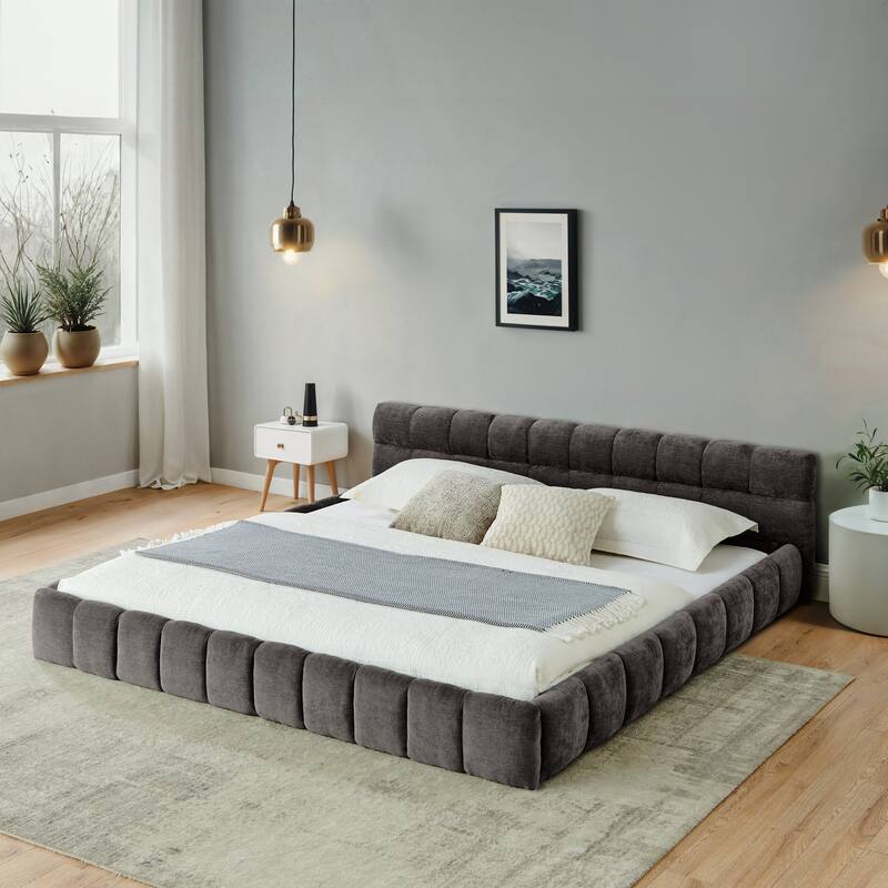 Roomfitters California King Upholstered Low Platform Bed, Chenille Fabric Frame with Headboard, No Box Spring Needed