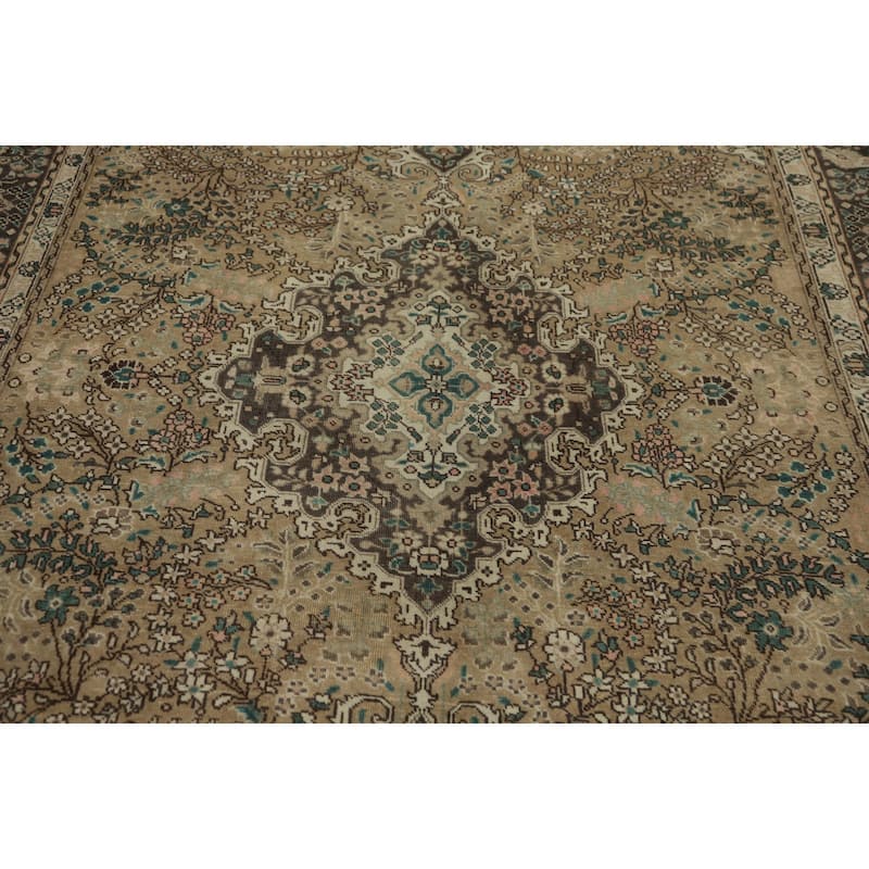 Hand Knotted Oriental 100% Wool Carpet Traditional Floral Brown Tabriz Area Rug - 9' 4'' X 6' 5''