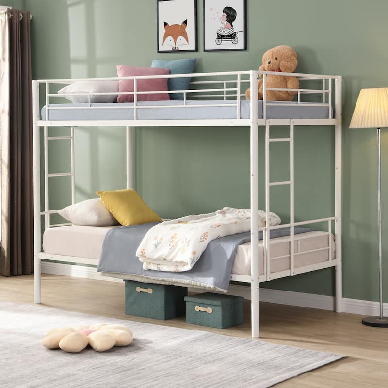 White Twin over Twin Metal Bunk Bed with Ladder