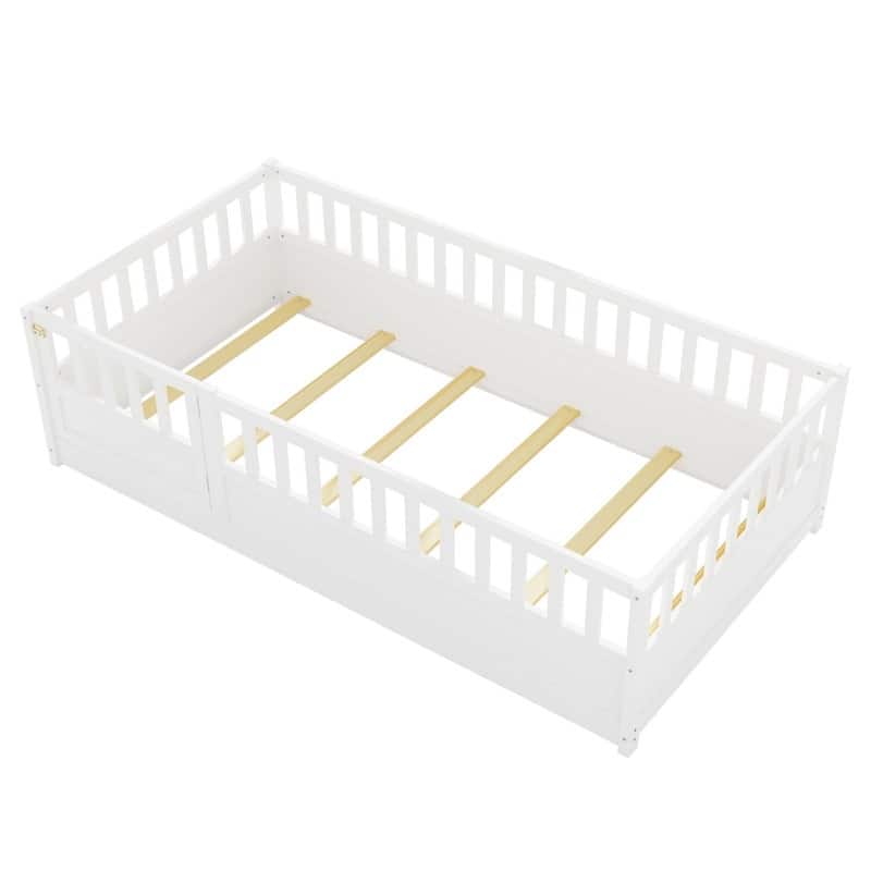 Twin Size Floor Bed with Super High Security Barrier,Door and Support Slat
