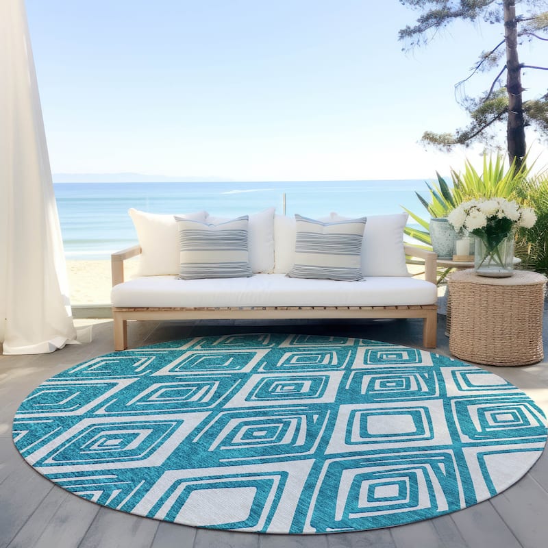Machine Washable Indoor/ Outdoor Chantille Contemporary Diamonds Rug - Teal - 8' x 8'