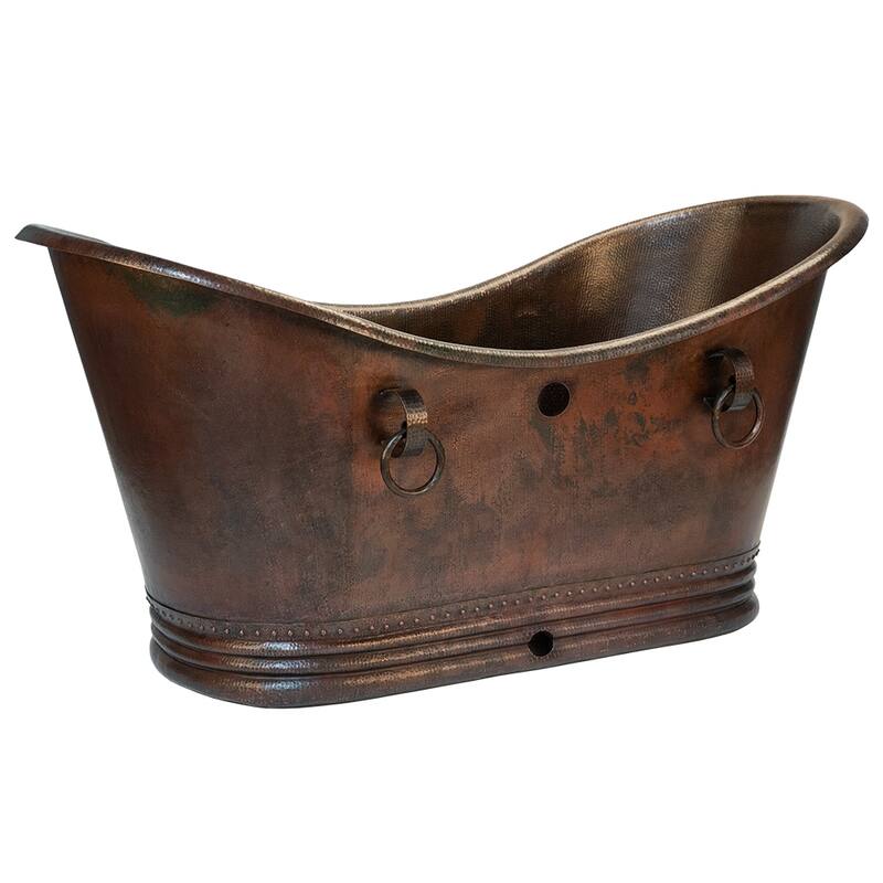 72" Hammered Copper Double Slipper Bathtub with Rings and Overflow Holes and Drain Package