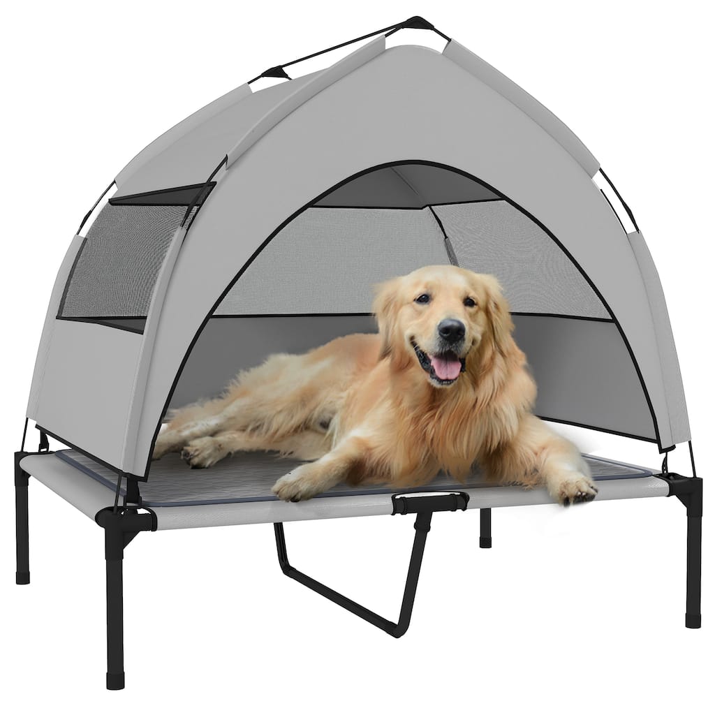 PawHut Elevated Dog Bed with Cooling Pad, Raised Outdoor Pet Bed with Removable Canopy, Breathable Mesh, Storage Bag