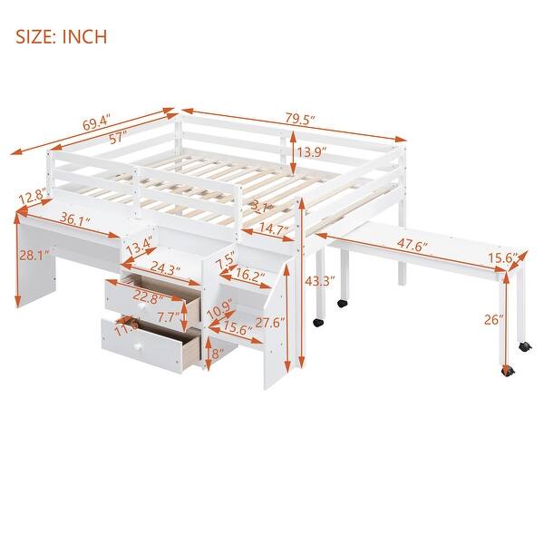 dimension image slide 1 of 2, Full Size Wooden Loft Bed with Desk, Drawers, and Portable Desk