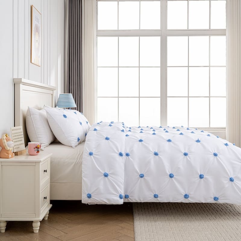 WHOLINENS Microsuede Embroidered Pinch Pleat Duvet Cover Set 3pcs