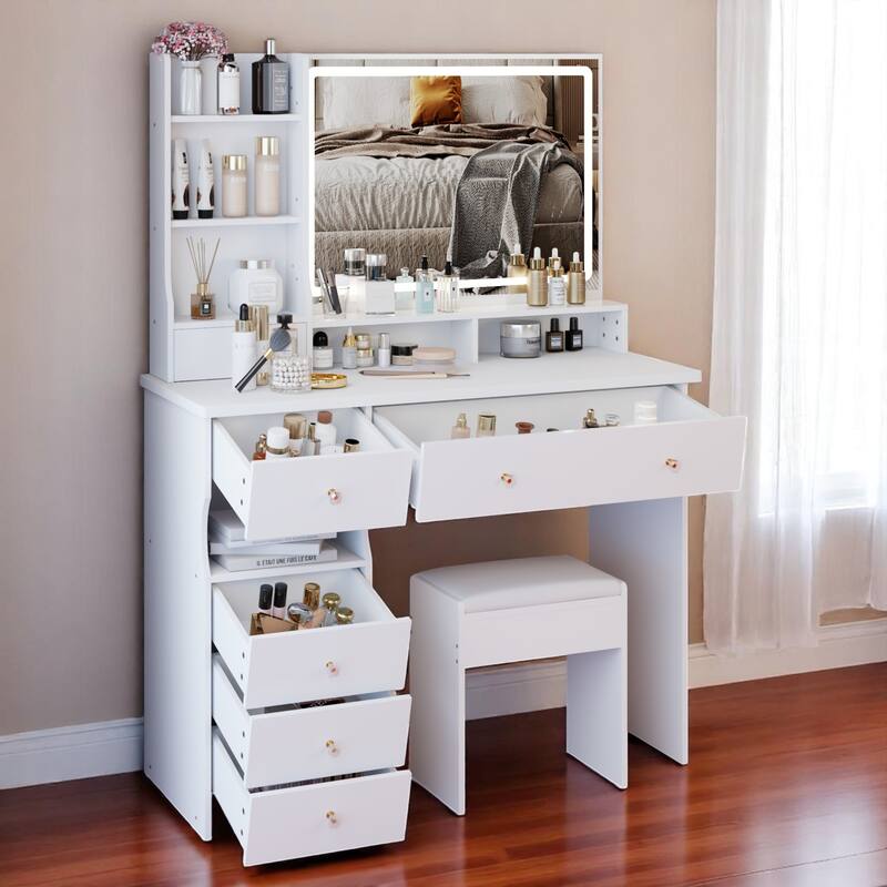 KISRAIS 41" Large Size Fashion Vanity Desk with Mirror and Lights, 3 Color Lighting Brightness Adjustable