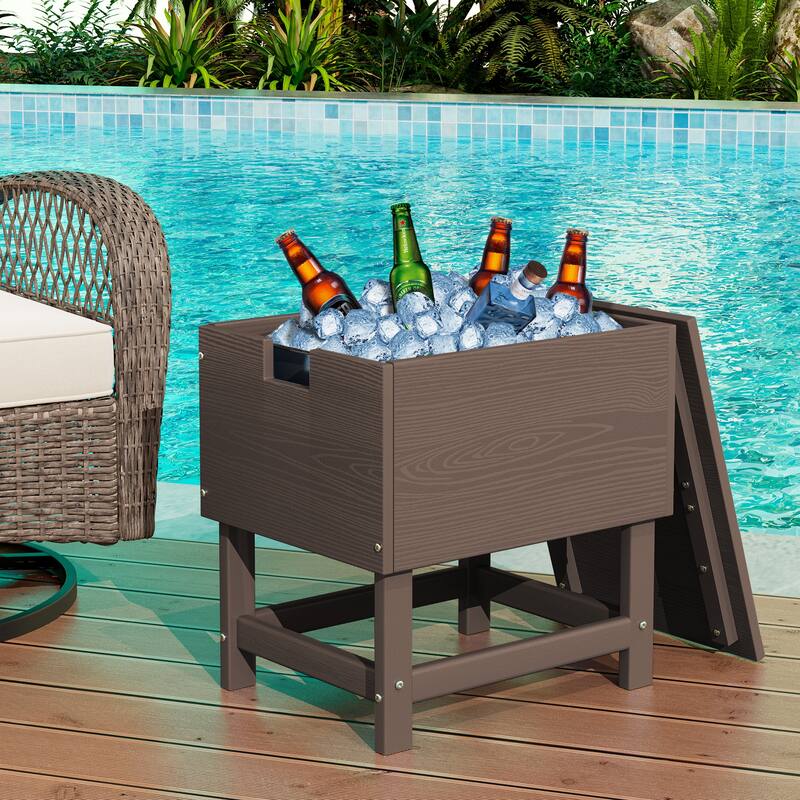 Outdoor Patio Weather Resistant HDPE Coffee & Side Table, Build-in Stainless Steel Cooler Bucket