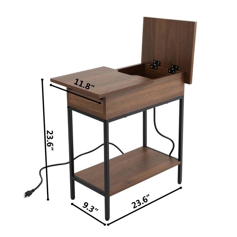 Flip Top Narrow End Table with Storage and Built-In Outlets, Small Side Table
