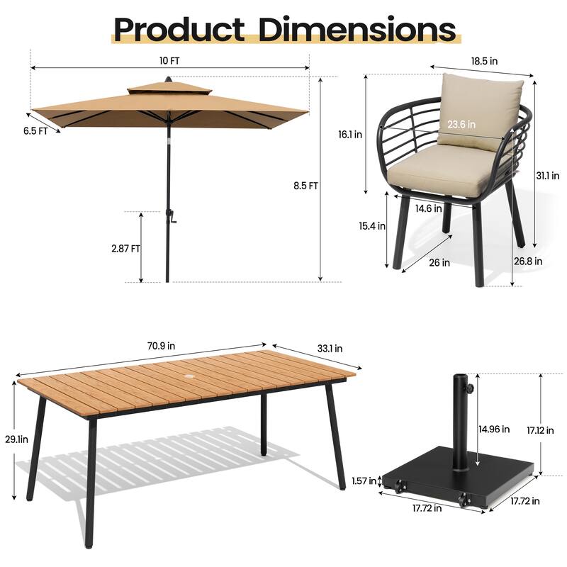 9PC Outdoor Patio Dining Set Aluminum Table with Sunbrella Cushion Chairs w/ Premium Market Umbrella Sets