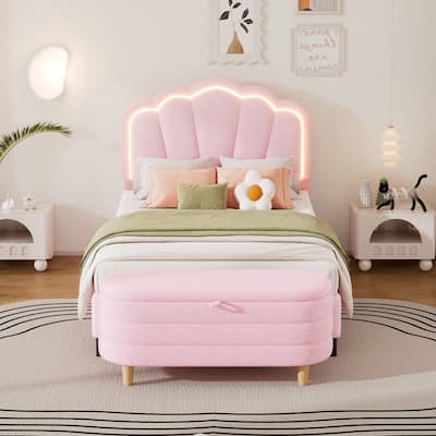 2-Pieces Bedroom Sets Full/Twin Size Flower-Shaped Upholstered LED Platform Bed with Storage Ottoman-Sherpa Fabric