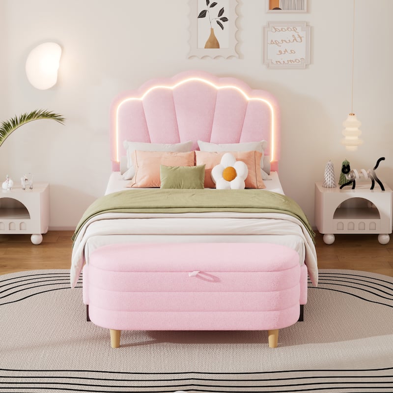 2-Pieces Bedroom Sets Twin Size Flower-Shaped Upholstered LED Platform Bed with Storage Ottoman-Sherpa Fabric