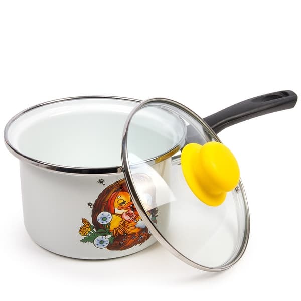 STP Goods Cute Ducklings Enamel on Steel 1.6-Quart Saucepan w/Lid - White, Yellow