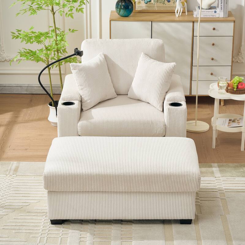 55" Oversized Chaise Lounge Chair Indoor With Ottoman And Storage,With Cup Holder,Mobile Phone Stand&Usb Charging Port