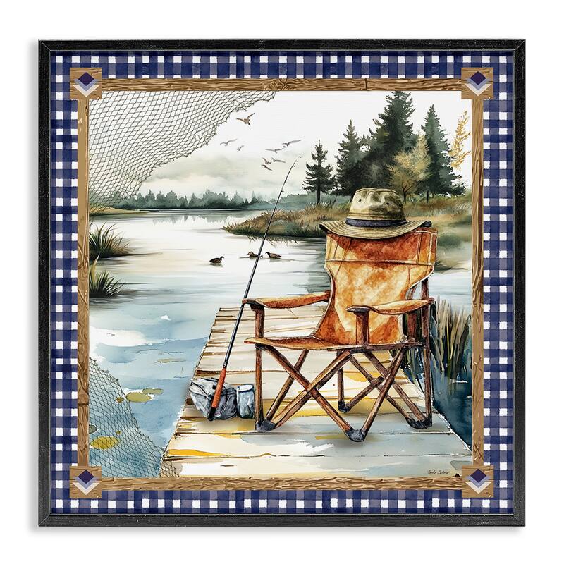Stupell Fishing Chair on Dock Framed Giclee Art Design By Nicole DeCamp - 17 x 17 - Black