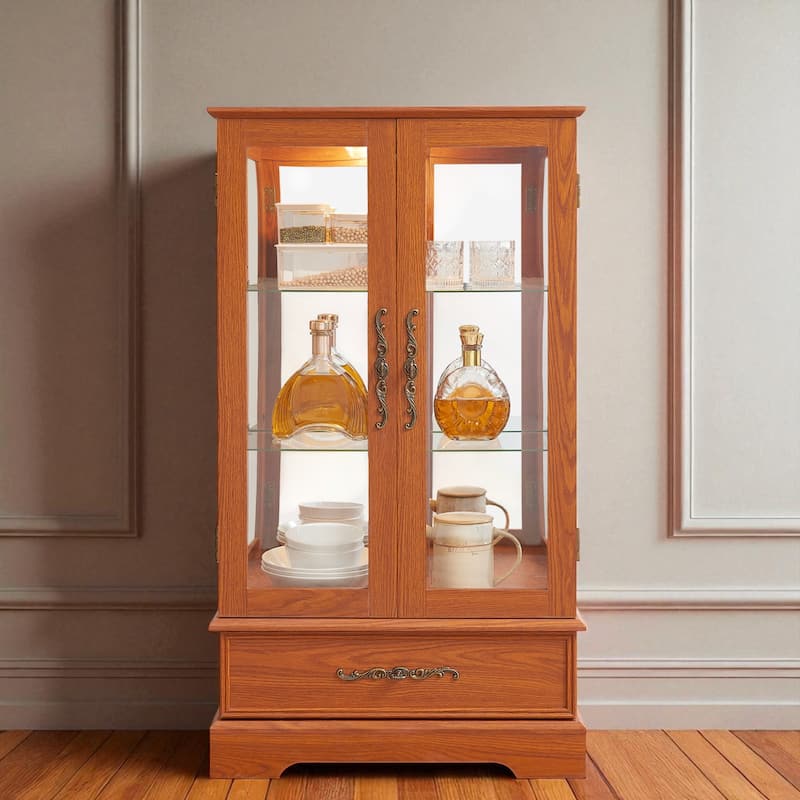 Lighted Glass Curio Cabinet with 2 Doors, Adjustable Shelves, Mirrored Back & Large Drawer, Retro Display Cabinet with Bulb - Dark Oak
