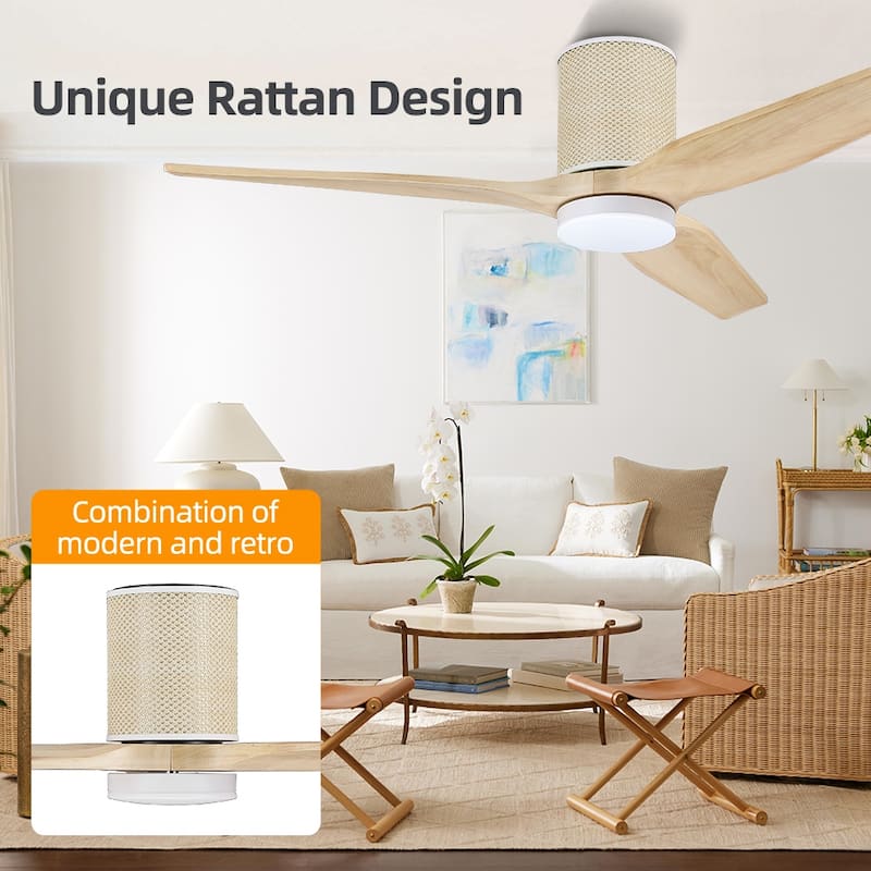 MLiAN 52 In. 3 Solid Wood Blades Flush Mount Ceiling Fan with Light Kit - 52"