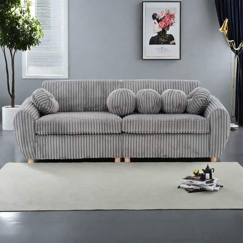 84.4" Corduroy 3-Seater Sofa with Solid Wood Frame, Comfortable Cushions - Grey