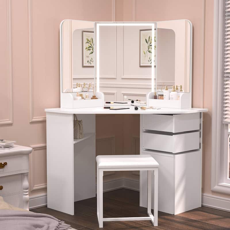 KEONJINN Corner Vanity Desk Set with Lighted Mirror & Matching Chair, Bedroom Storage - White - 56INx47IN - White