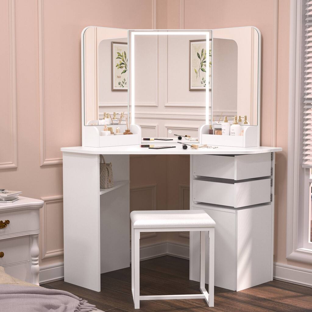 KEONJINN Corner Vanity Desk Set with Lighted Mirror & Matching Chair, Bedroom Storage - White - 56INx47IN
