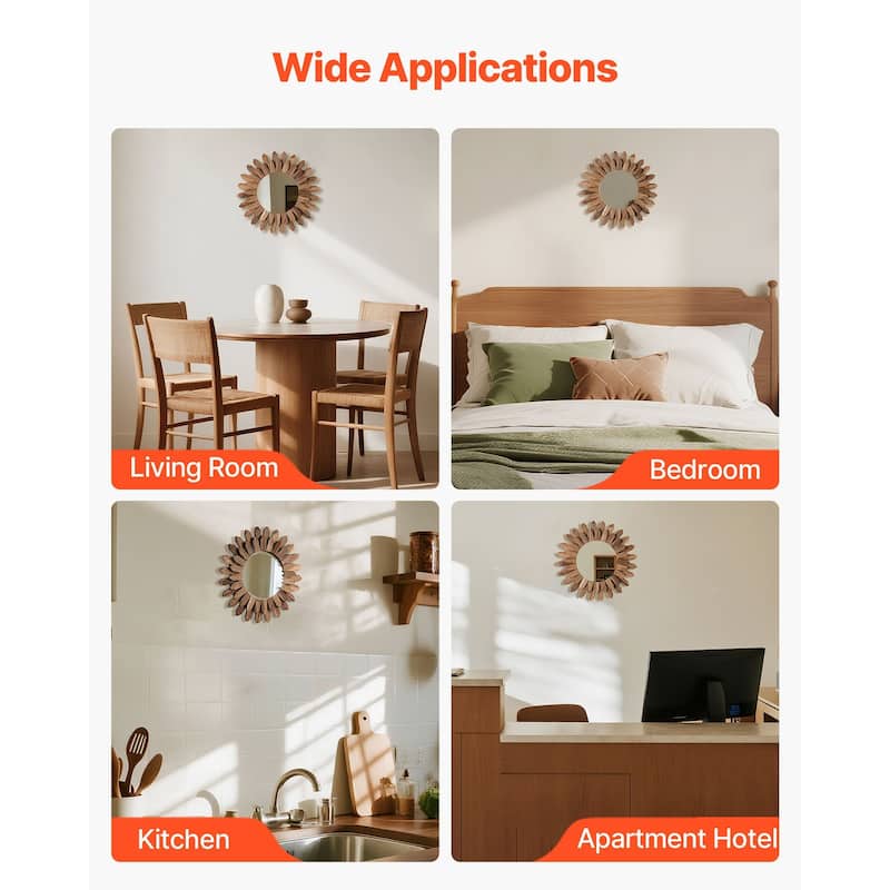 Rustic Sunburst Wall Mirror with HD Glass and Wooden Frame for Modern Bedroom Living Room Decor - 12 x 12 x 0.91 in