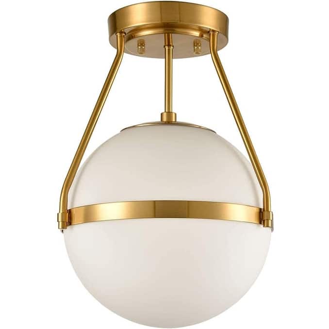 Milos Mid Century Globe Semi Flush Mount Ceiling Light Opal Glass Shade - Brass