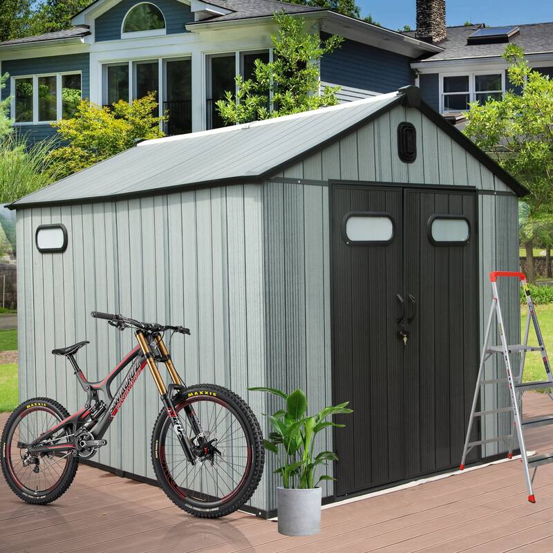 8X10FT Outdoor Resin Storage Shed, Waterproof Plastic Garden Shed with Lockable Door, Windows & Vents