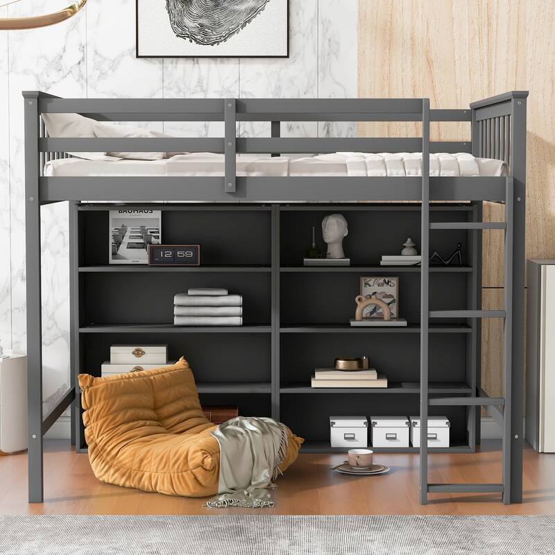 Twin or Full Size Loft Bed with 8 Shelf - Grey - Twin