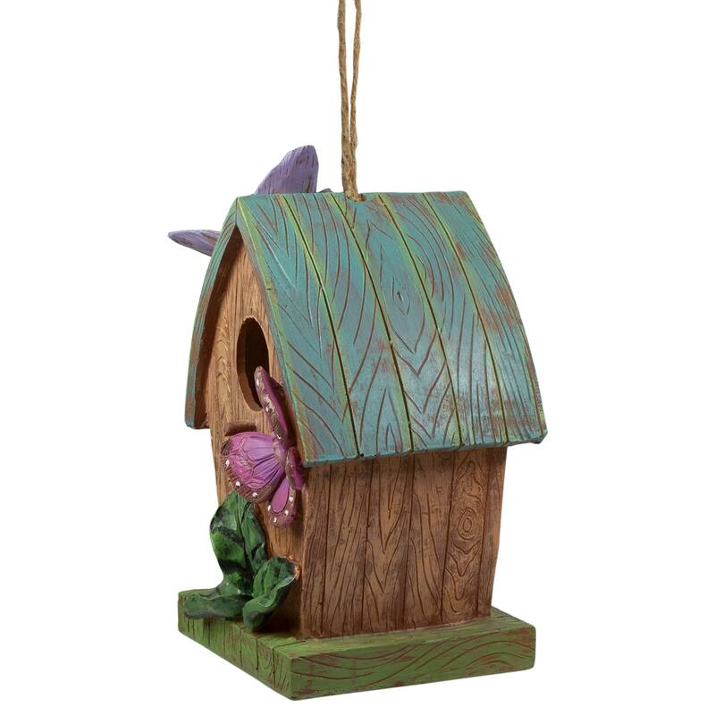 10" Brown Green Hanging Birdhouse Butterflies Outdoor Garden Decor