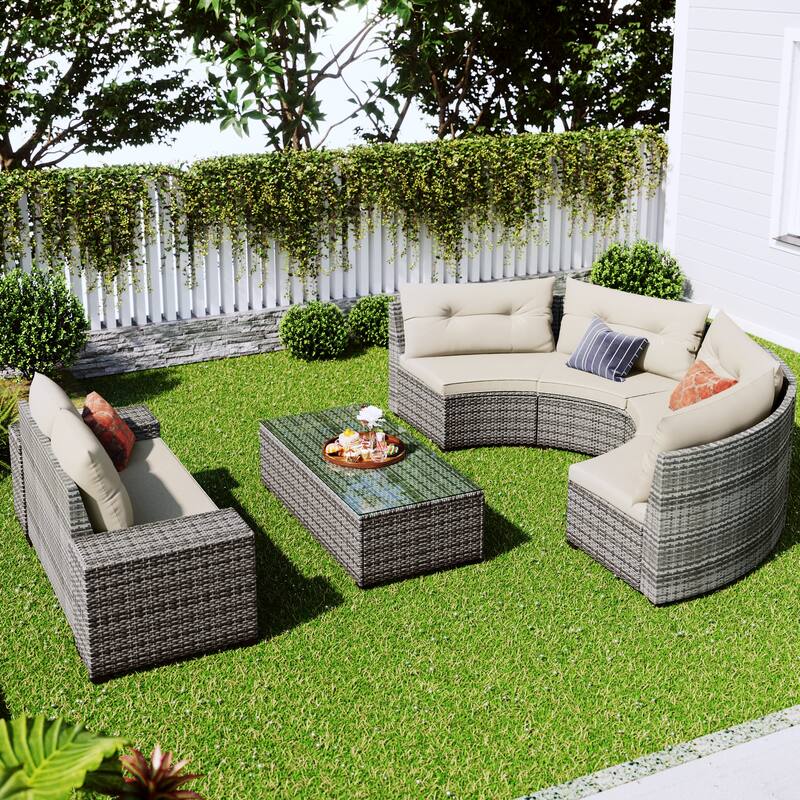 8-Piece Half-Moon Sectional Sofa Set with Rectangular Table
