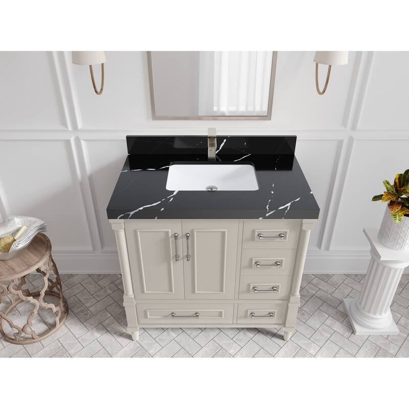 Willow Collections 36 in. W x 22 in. D Aberdeen Center Sink Left Bathroom Vanity with Countertop - 2" Calacatta Black - Fine Grain