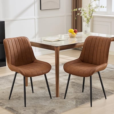 Set of 2 Modern Dining Chairs - Waterproof PU Leather Upholstered w/ Curved Backrest & Metal Legs