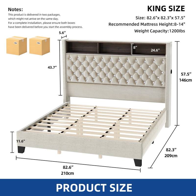 Moasis King Size Velvet Upholstered Bed Frame with Storage Headboard with USB Charging Stations